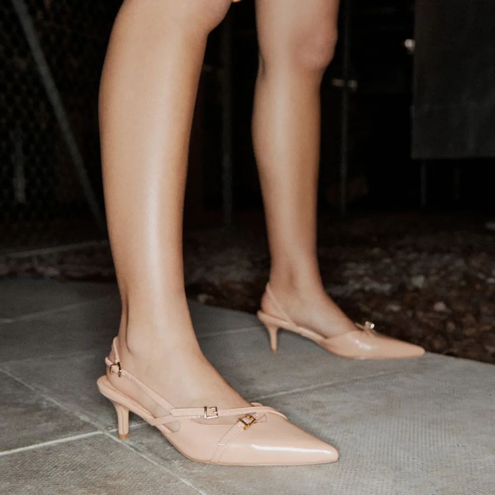 Quin Buckle Detail Pointed Toe Slingback Kitten Court Heel In Nude Faux Leather | Ego Shoes (UK)