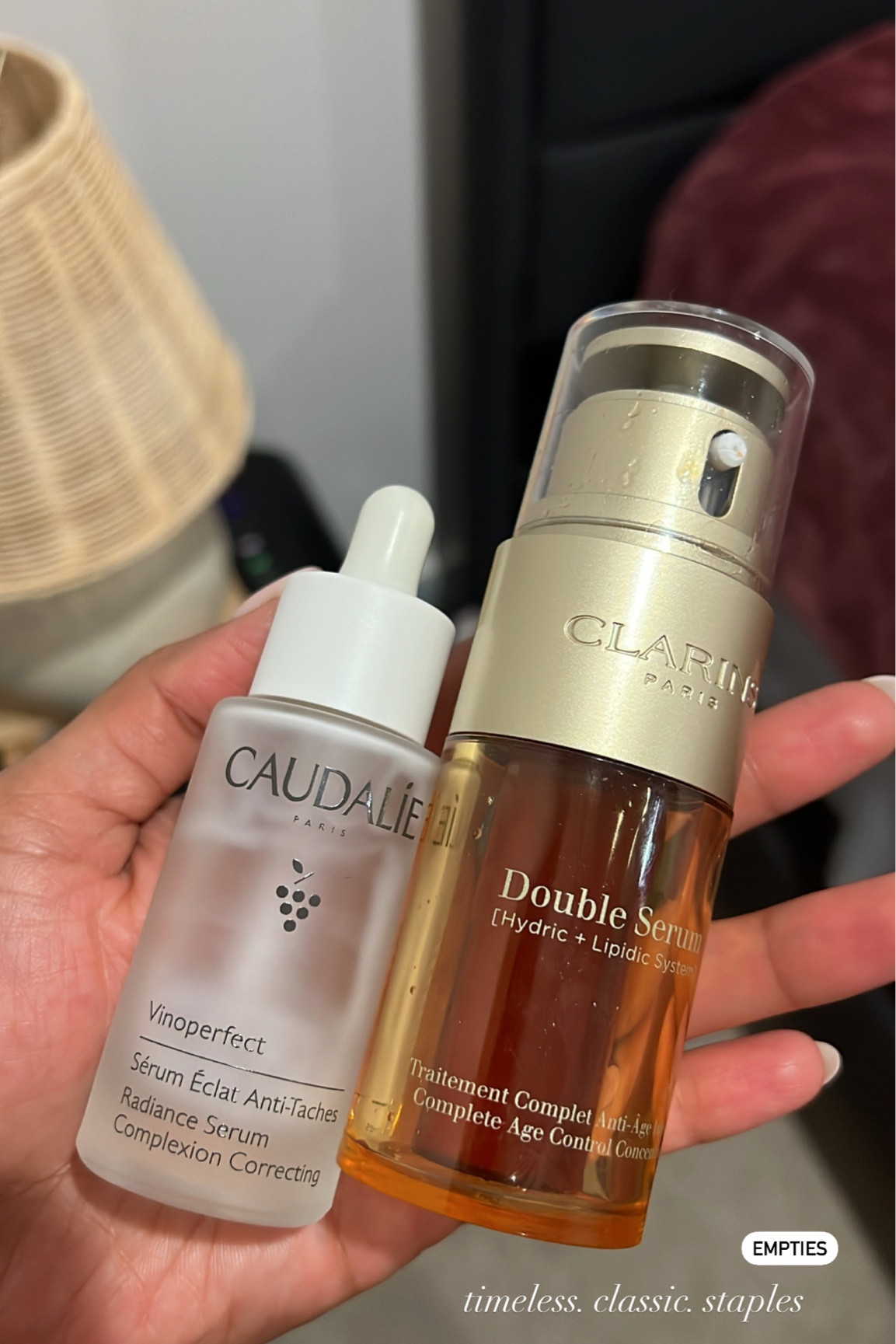 Caudalie serum. Probably on my 50th bottle at this point. Stocked up in Paris. Because it actually works. Hyperpigmentation and dark spots, post acne marks it healssssss it.

Clarins serum. Timeless classic anti aging serum, gives my skin that boost of hydration while protecting it in helping prevent fine lines. Helps me feel youthful. 

#LTKtravel #LTKbeauty