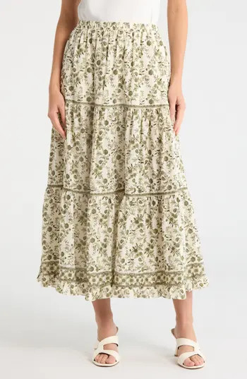 MAX STUDIO Floral Wreath Print Tiered Cotton Blend Maxi Skirt in Cream/Green Floral at Nordstrom Rack, Size X-Small | Nordstrom Rack