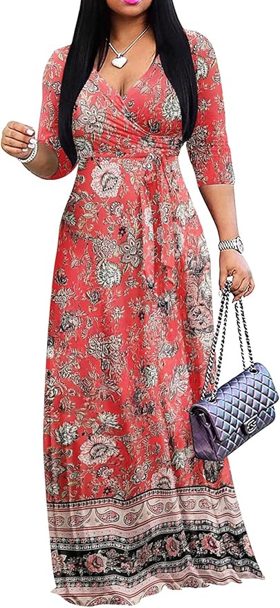 Yajedo Womens Casual Summer Maxi Dress Plus Size Sexy Wrap V Neck 3/4 Sleeve Sundress with Pocket... | Amazon (US)