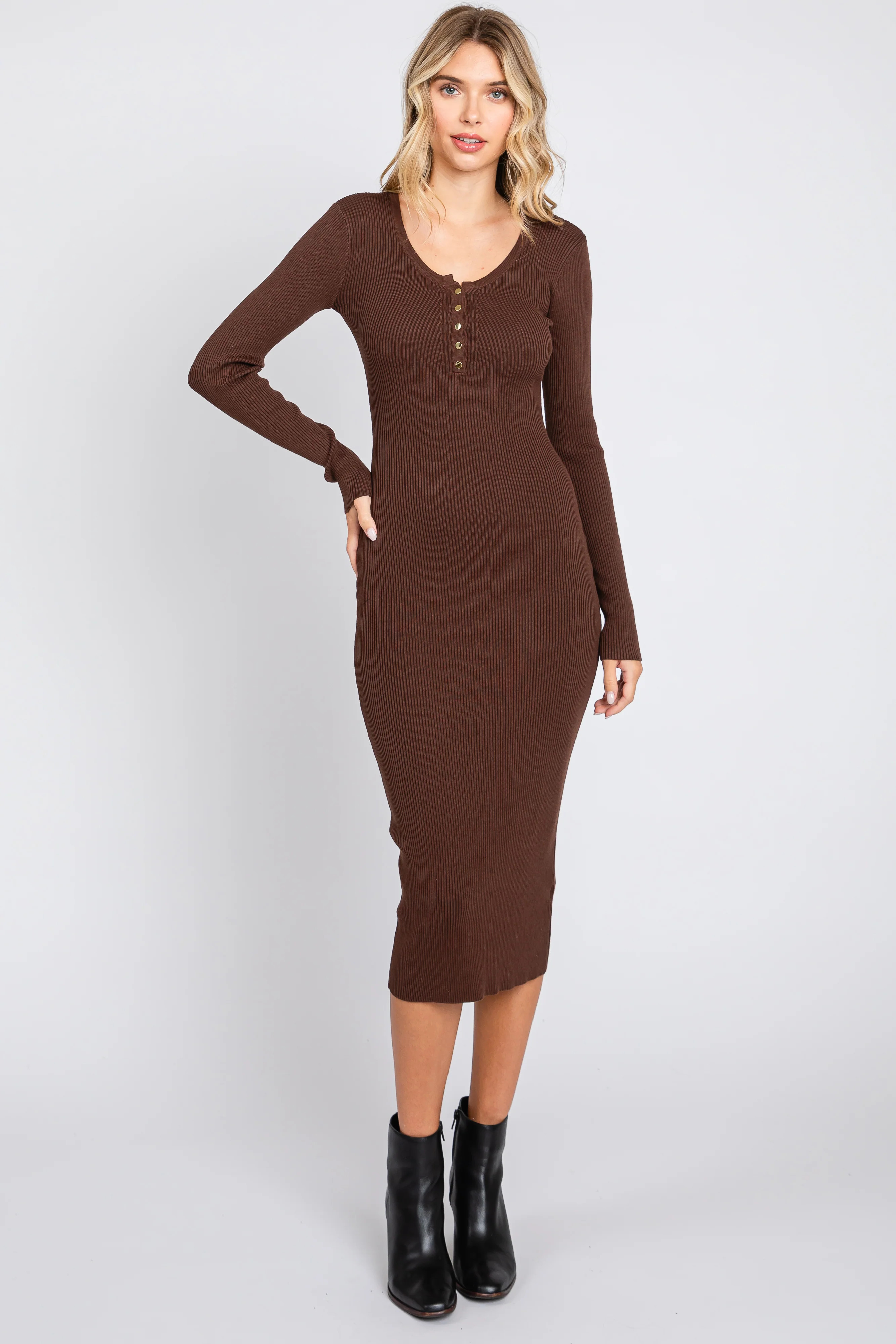 Brown Ribbed Fitted Button Long Sleeve Dress | PinkBlush Maternity