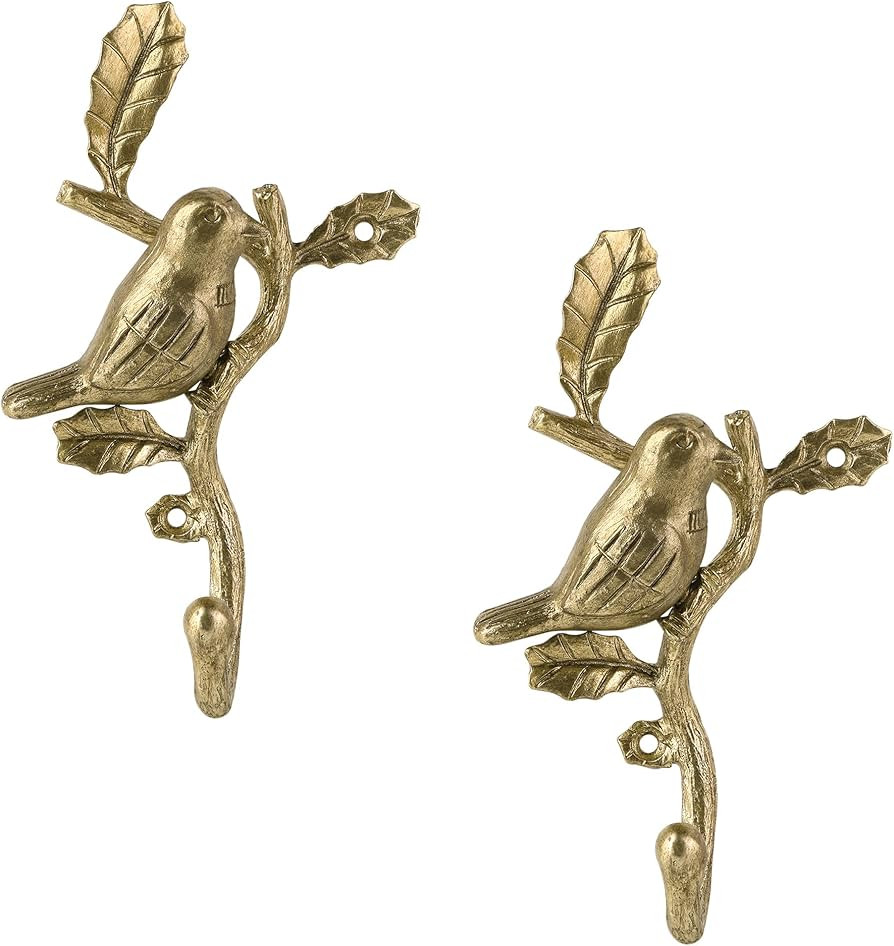 SOFFEE DESIGN 2PCS Vintage Bird & Foliage Wall Hooks, Antique Gold Heavy Duty Entryway Organizer ... | Amazon (US)