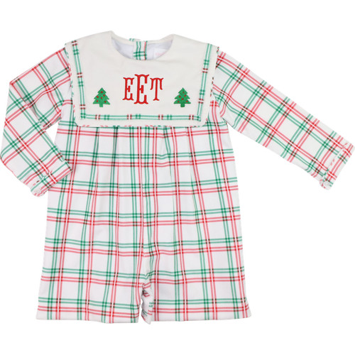 Plaid Embroidered Christmas Tree Corduroy Short Romper | Cecil and Lou