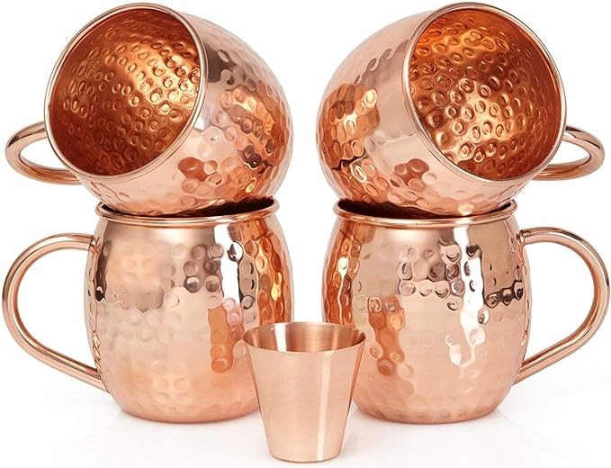 Set of 4 Moscow Mule Copper Mugs with Copper Shot Glass - 4 16oz Copper Moscow Mule Mugs - Solid ... | Amazon (US)