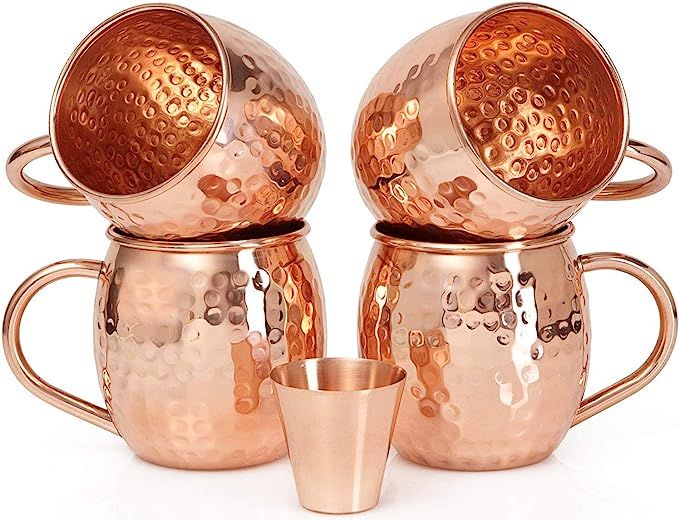 Set of 4 Moscow Mule Copper Mugs with Copper Shot Glass - 4 16oz Copper Moscow Mule Mugs - Solid ... | Amazon (US)