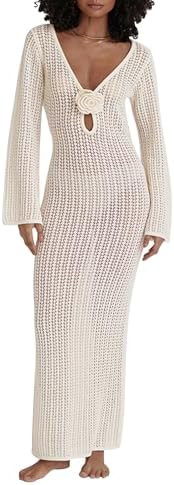 Women's Knitted Swimsuit Cover Up 3D Floral Hollow Out Open Back Tie-Up Maxi Dress Beachwear Cove... | Amazon (US)