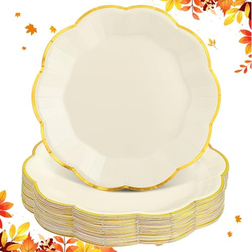 NatNarr 30 Pcs Thanksgiving Paper Plates, 9 Inch Ivory Paper Plates with Gold Trim Scalloped White and Gold Plate for Friendsgiving, Baby Shower, Wedding | Amazon (US)