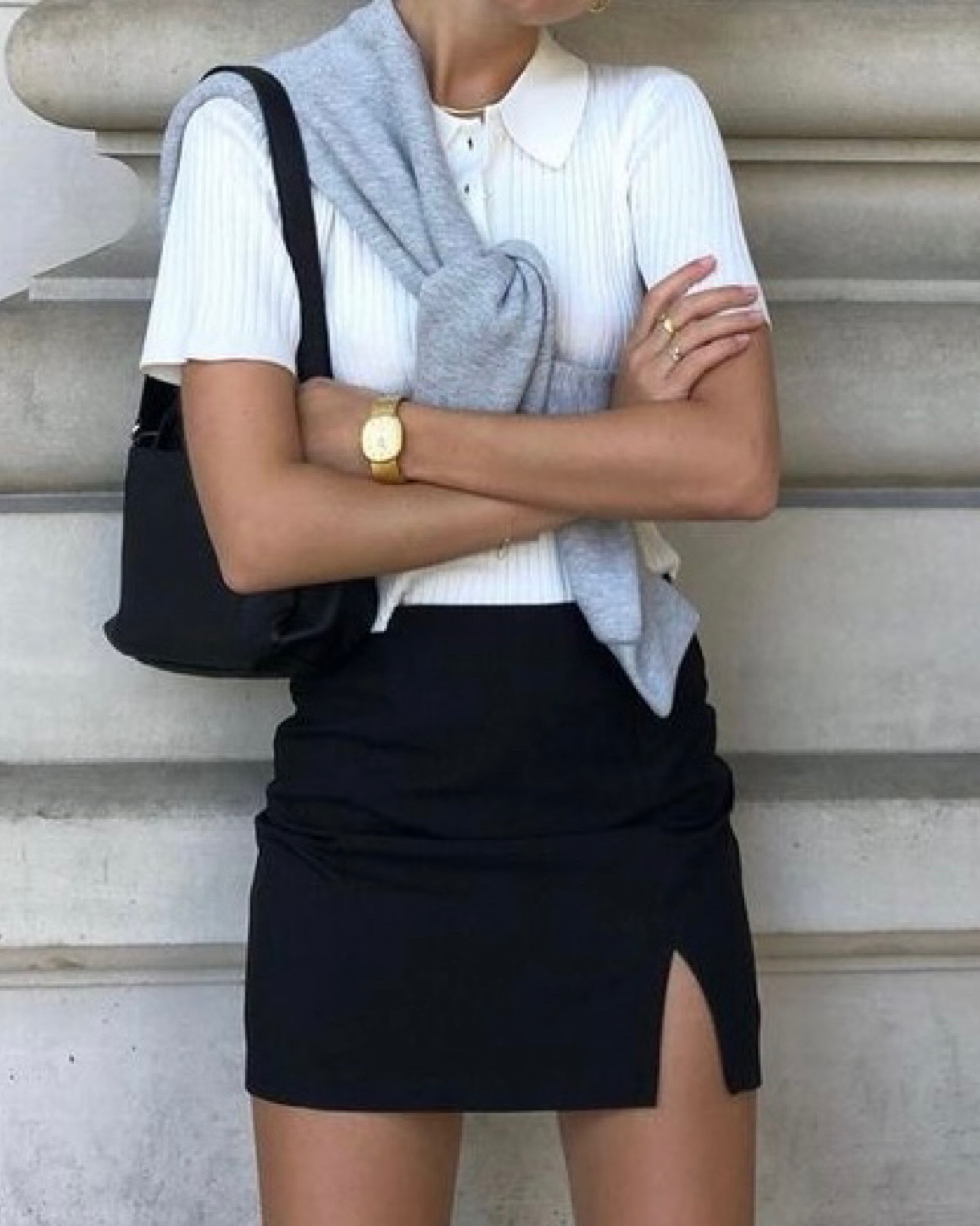 recreating outfits i love from pinterest ☕️

the perfect summer to fall outfit ~
- white polo
- black mini skirt
- gray sweater
- shoulder bag 
- gold watch 

#LTKstyletip #LTKSeasonal #LTKBacktoSchool
