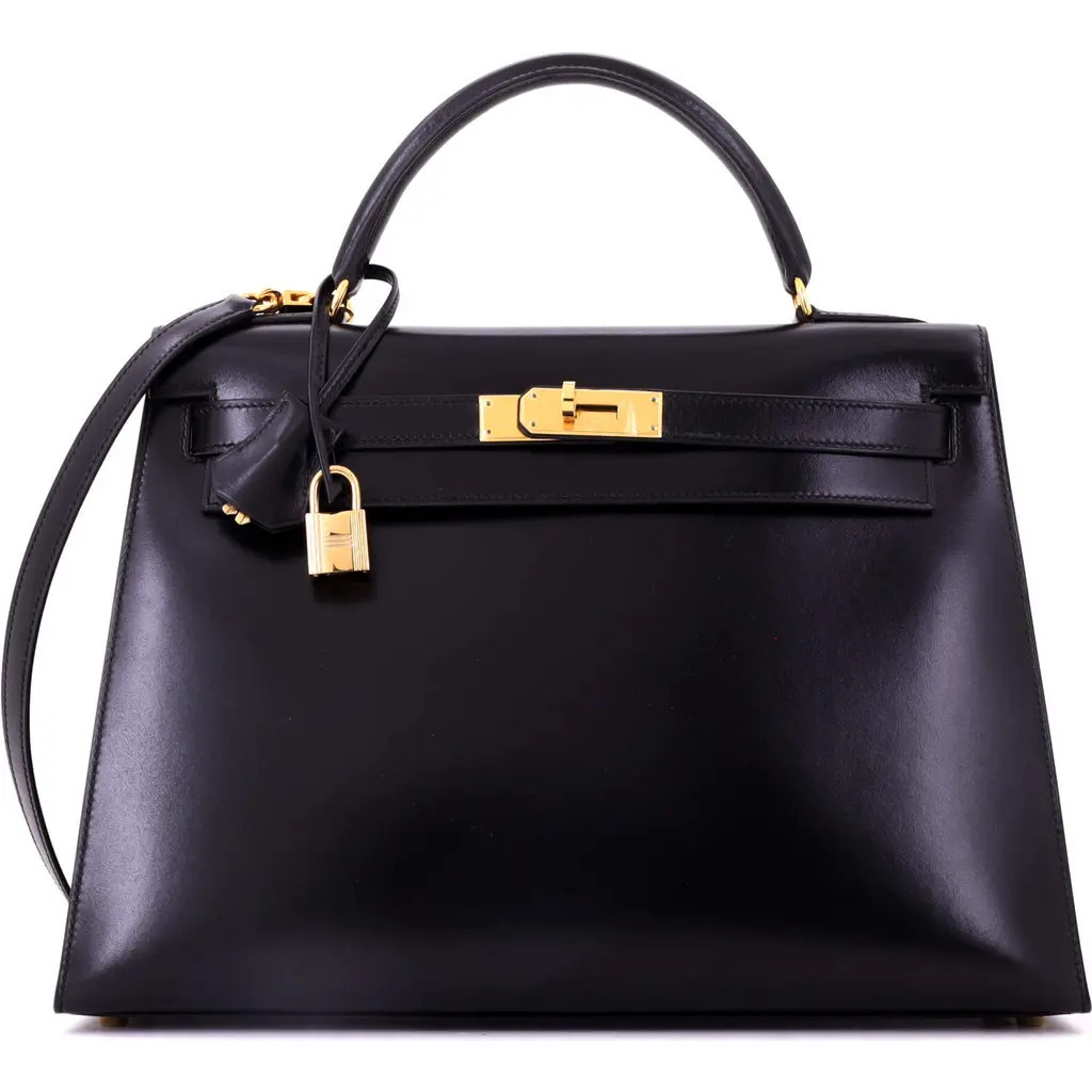 Pre-Owned Hermes Kelly Handbag Black Box Calf with Gold Hardware 32 in Noir at Nordstrom, Size Medium | Nordstrom