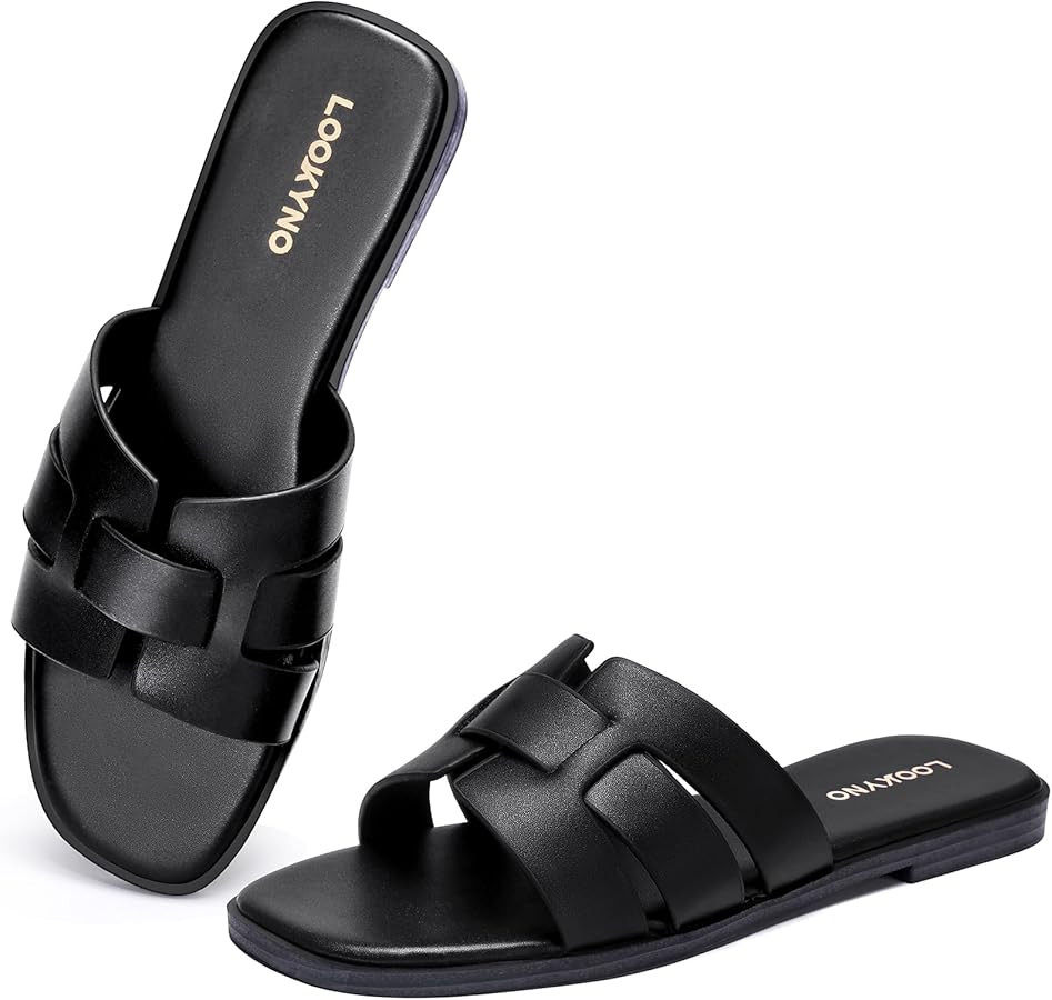 Women's Square Toe Slip On Flat Sandals Slide | Amazon (US)