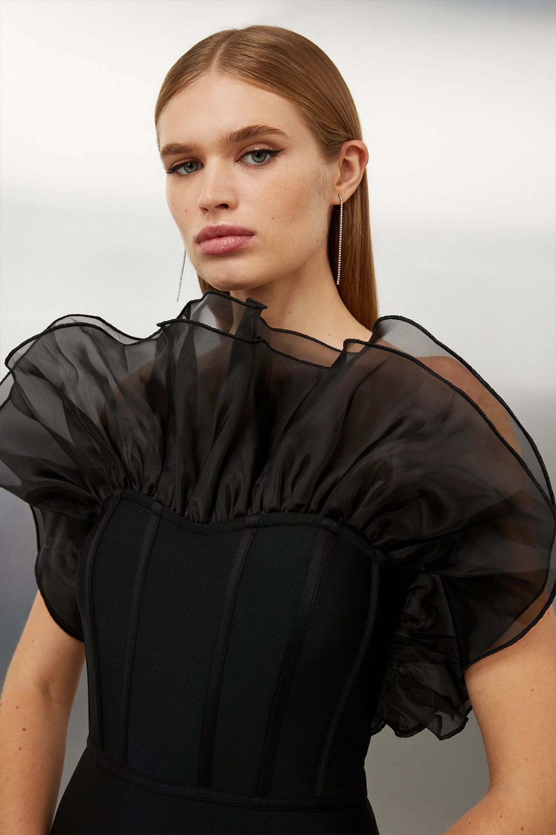 Bandage Figure Form Organza Frill Knit Midaxi Dress | Karen Millen UK + IE + DE + NL