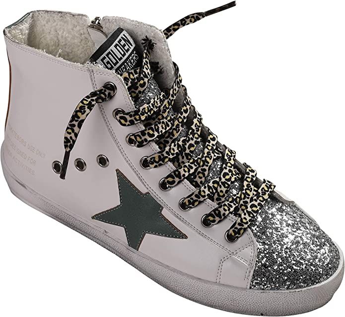 COSKING Women’s Fashion Glitter Sneakers High Top Distressed Design Star Patch Flat Shoes 3 Col... | Amazon (US)