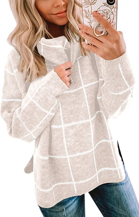 ECOWISH Women Pullover Sweater Turtleneck Plaid Long Sleeve Loose Casual Chunky Checked Knitted W... | Amazon (US)