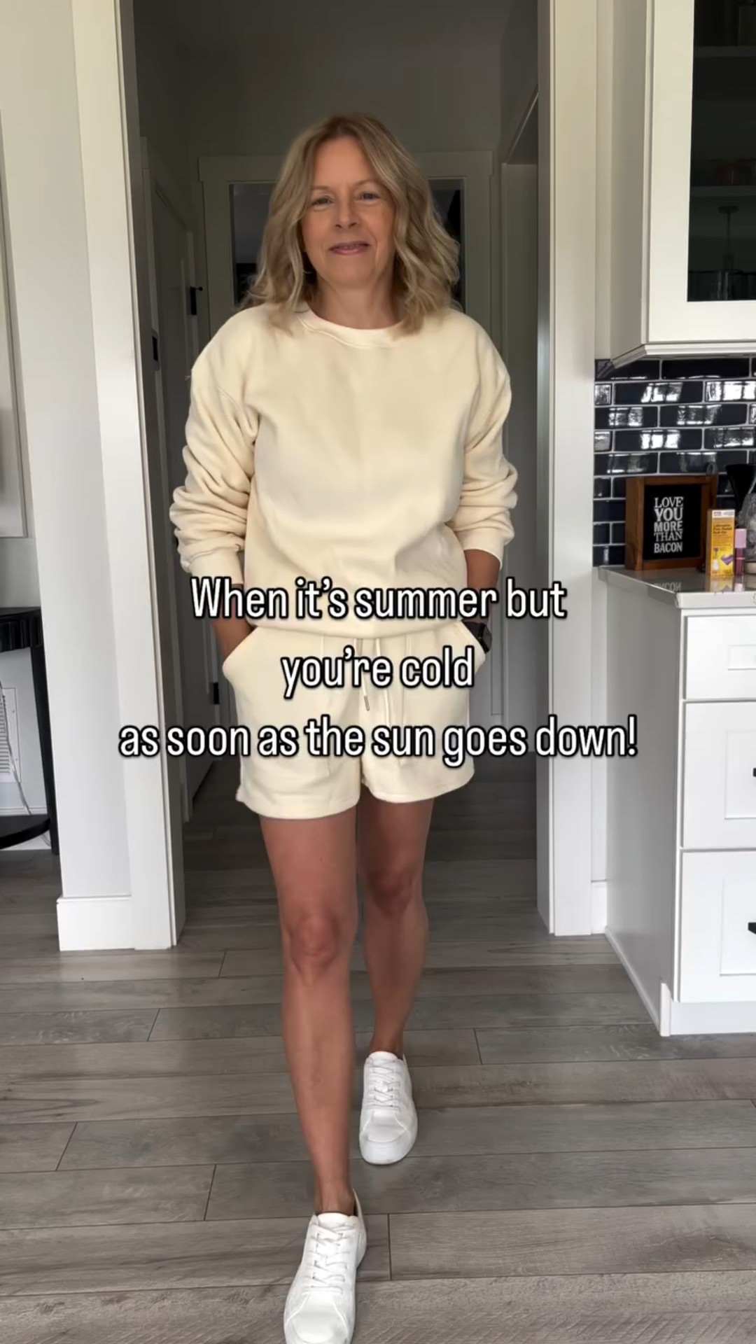 If you’re like me and you get cold if it’s below 80, you’ll love this Amazon sweatshirt and shorts set!  Comment Link to have it sent to your dms.  This color is beige but it’s more like a pale butter yellow! Very pretty.  Fits true to size. I’m 5’3” and wearing a small.  #amazonfinds #summerfun #summerstyle #summerfashion #easyoutfits #fashioninspo #over50style