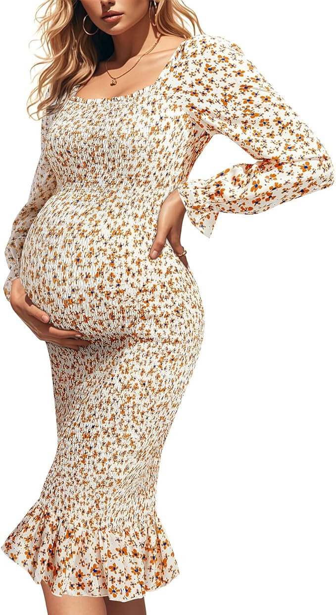 Maternity Dresses Baby Shower - Fall Long Sleeve Floral Smocked Bodycon Mermaid Midi Dress | Amazon (US)