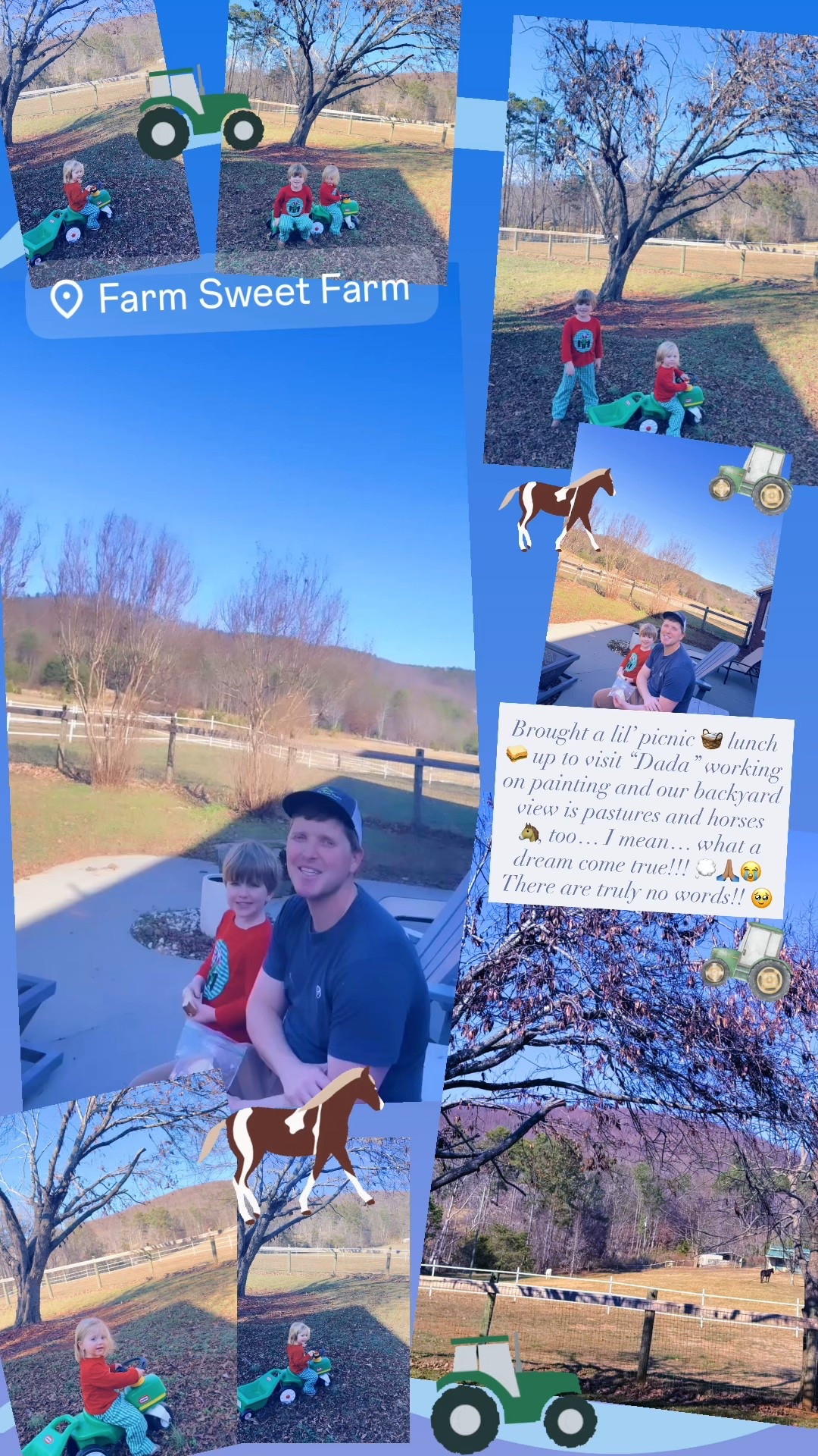 Brought a lil’ picnic 🧺 lunch 🥪 up to visit “Dada” working on painting and our backyard view is pastures and horses 🐴, too… I mean… what a dream come true!!! 💭🙏🏽😭 There are truly no words!! 🥹