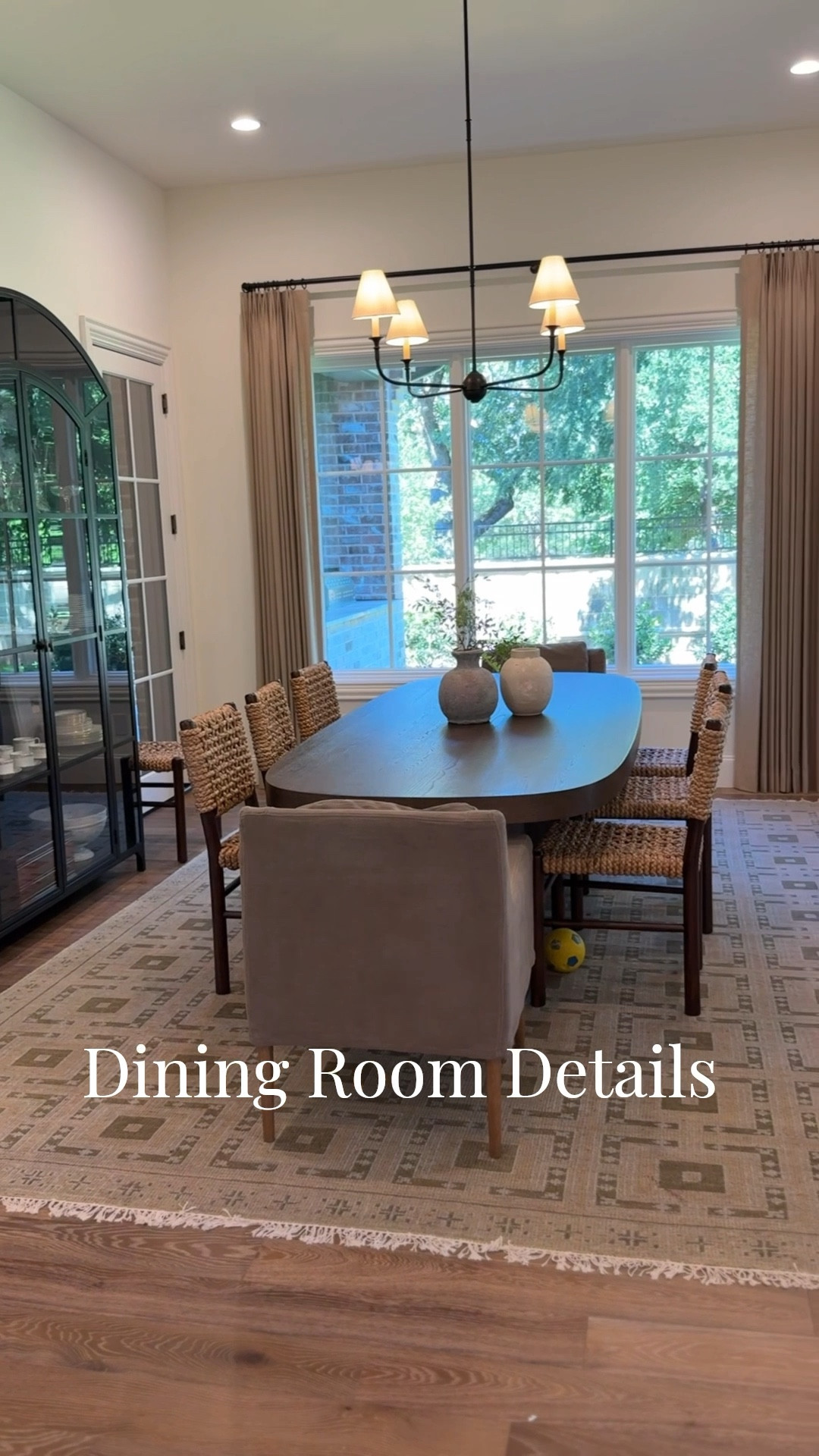 Dining Room Details.
Oak Veneer Table
China Cabinet - Black Matte
Dining Chairs
Chairs: En Gold
Dining room rug
Drapes: Jefferson Linen “Driftwood”