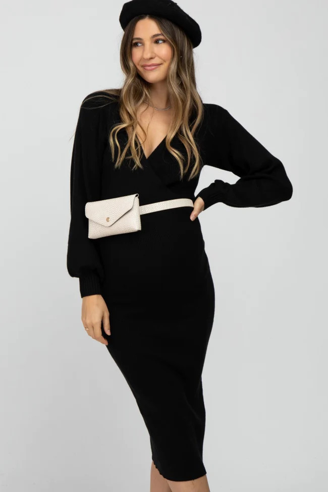 Black Ribbed Wrap Front Maternity Midi Dress | PinkBlush Maternity