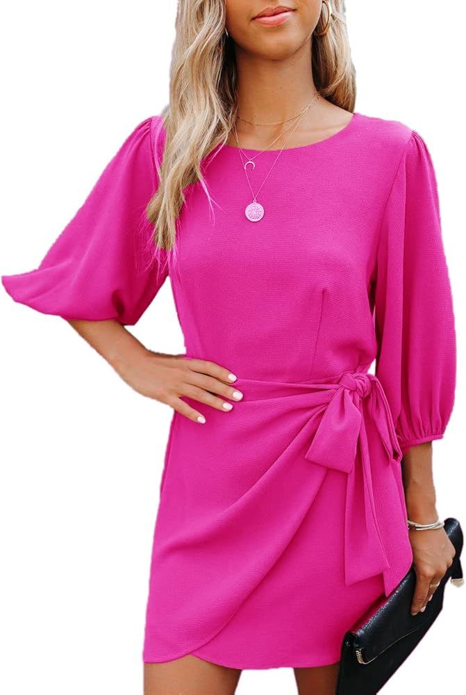 Paintcolors Women's Tie Front Mini Dress Balloon Sleeve Belted Office Chiffon Party Wrap Dress | Amazon (US)