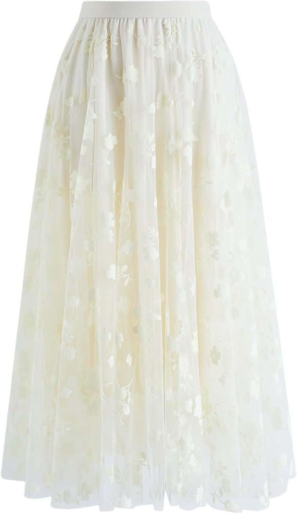 CHICWISH Women's 3D Posy Double-Layered Mesh Midi Skirt | Amazon (US)