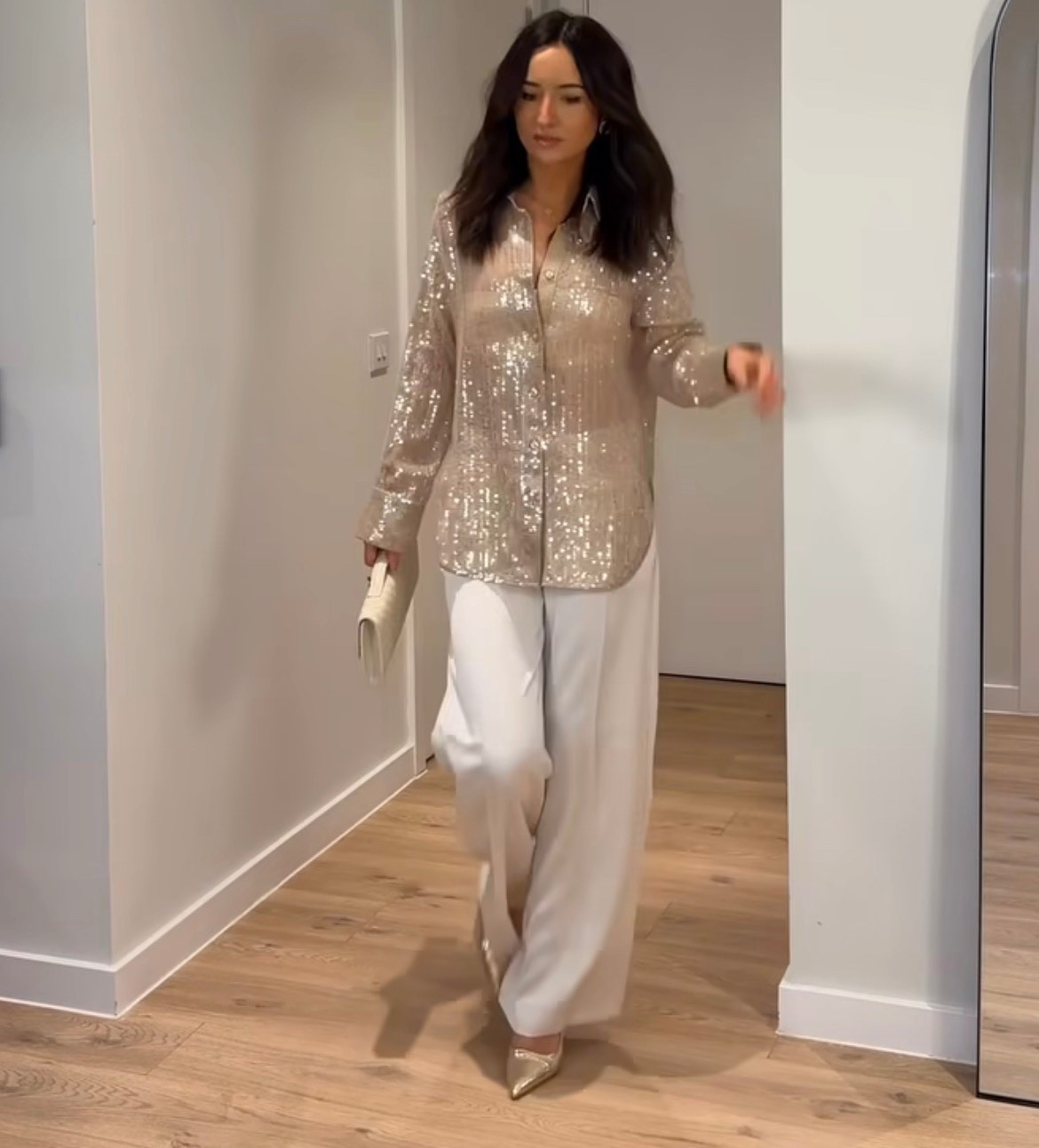 Gold sequin collar shirt 

White wide leg pays 

Gold pumps

Gold clutch bag

Christmas, new years outfit 

#LTKHoliday #LTKGiftGuide #LTKSeasonal