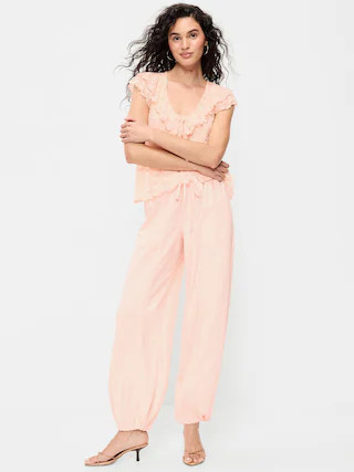 Mid-Rise Linen-Blend Cinched-Ankle Pants | Old Navy (US)