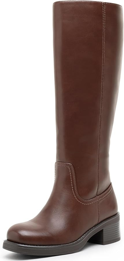 Vepose Women's Square Toe Knee High Chunky Heel Tall Boots Side Zipper | Amazon (US)