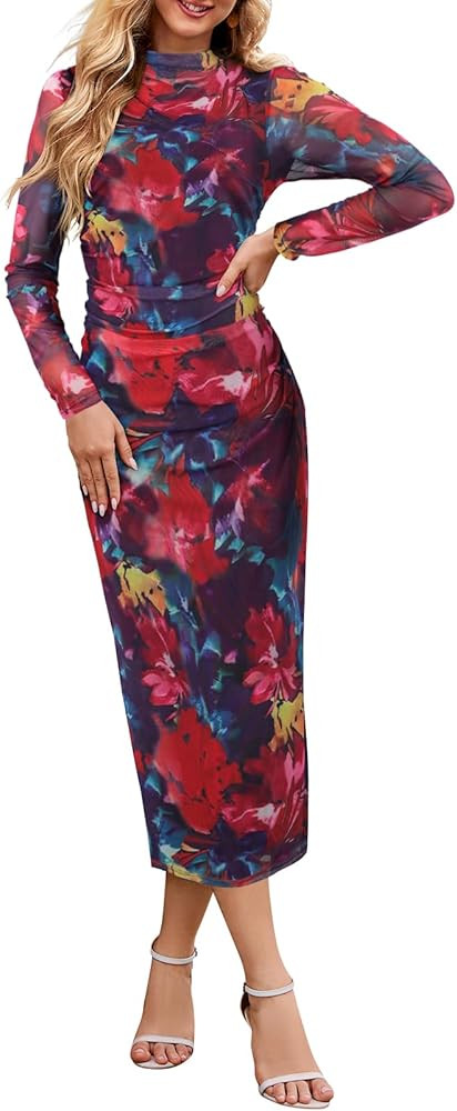 MEROKEETY Women's 2024 Long Sleeve Tie Dye Dress Bodycon Mock Neck Mesh Ruched Cocktail Maxi Dres... | Amazon (US)