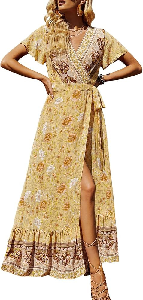 ZESICA Women's 2023 Bohemian Floral Printed Wrap V Neck Short Sleeve Split Beach Party Maxi Dress | Amazon (US)