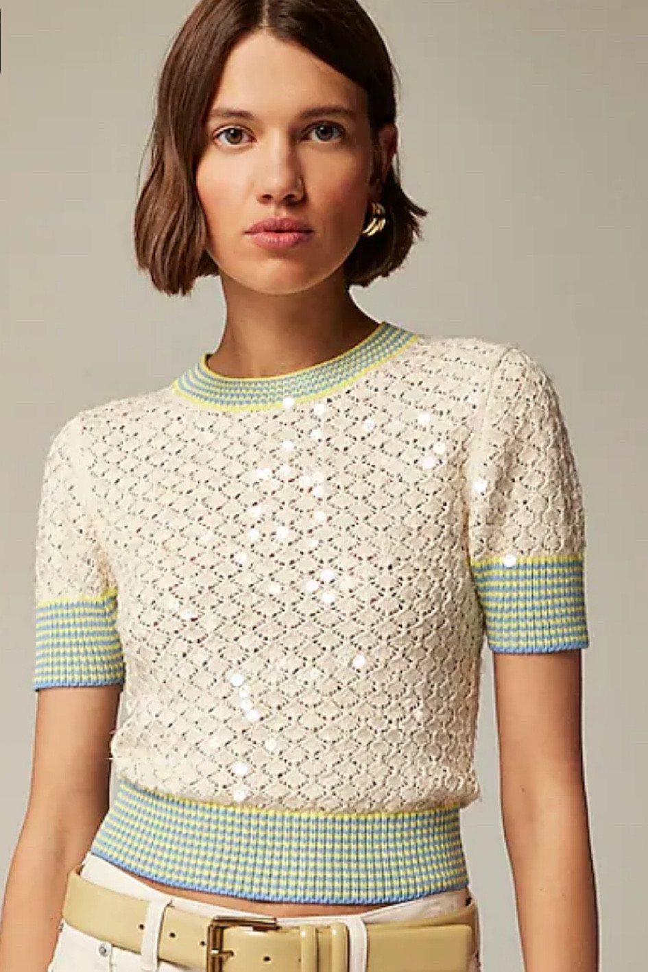JCrew Sequin pointelle sweater-tee with striped trim

It's embellished with clear sequins all over and finished with soft, striped rib trim at the neckline, sleeves and hem for a pop of color

#LTKWorkwear #LTKParties #LTKStyleTip