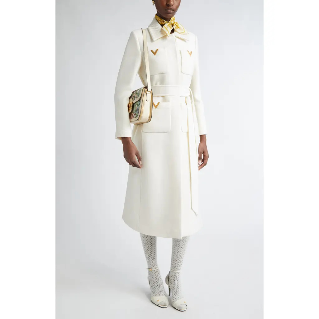 Valentino Garavani V-Detail Belted Virgin Wool & Silk Drill Coat in Ivory at Nordstrom, Size 2 Us | Nordstrom