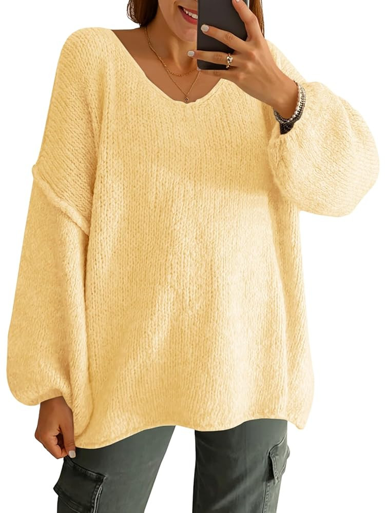 Saodimallsu Womens Oversized V Neck Sweaters Chunky Knit Lantern Long Sleeve Fall Winter Slouchy ... | Amazon (US)