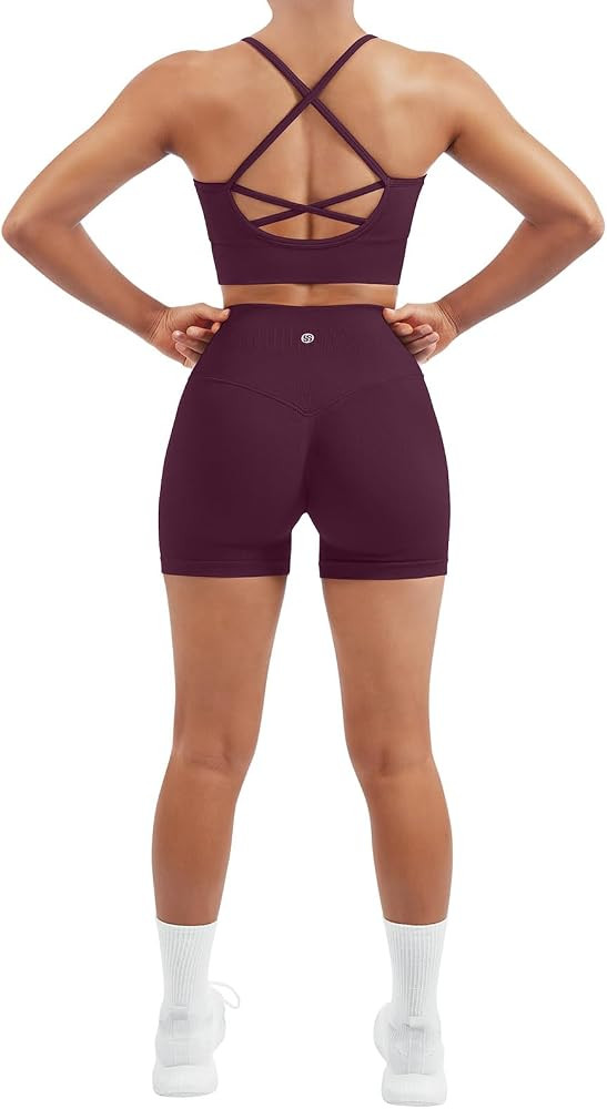 SUUKSESS Women Seamless 2 Piece Workout Sets Criss Cross Sports Bra High Waist Booty Shorts | Amazon (US)