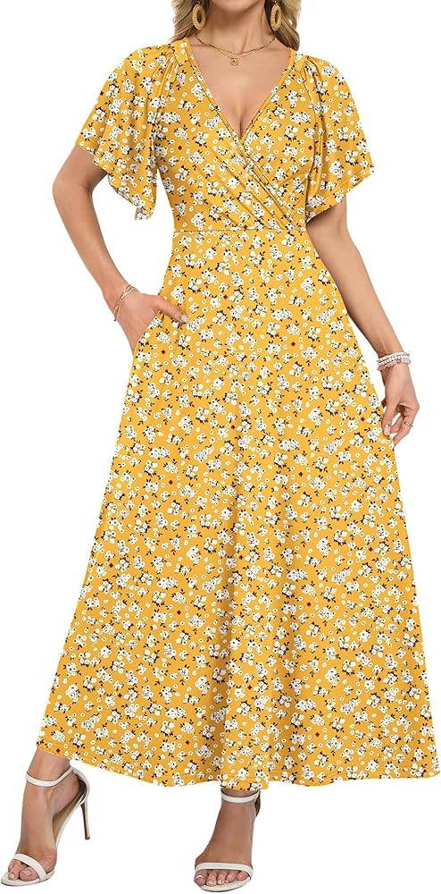 AUSELILY Maxi Dresses Women 2026 Summer Wrap Long Flowy Dress Ruffle Sleeve Deep V Neck Formal Dr... | Amazon (US)