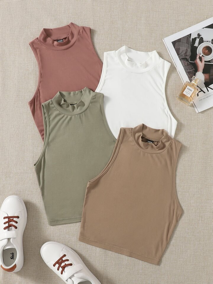 SHEIN EZwear 4pcs Solid Mock Neck Tank Top | SHEIN