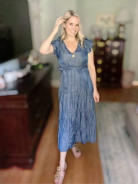 Chambray style ruffle belted midi dress, flat sandals 

#LTKFindsUnder50 #LTKFindsUnder100 #LTKOver40