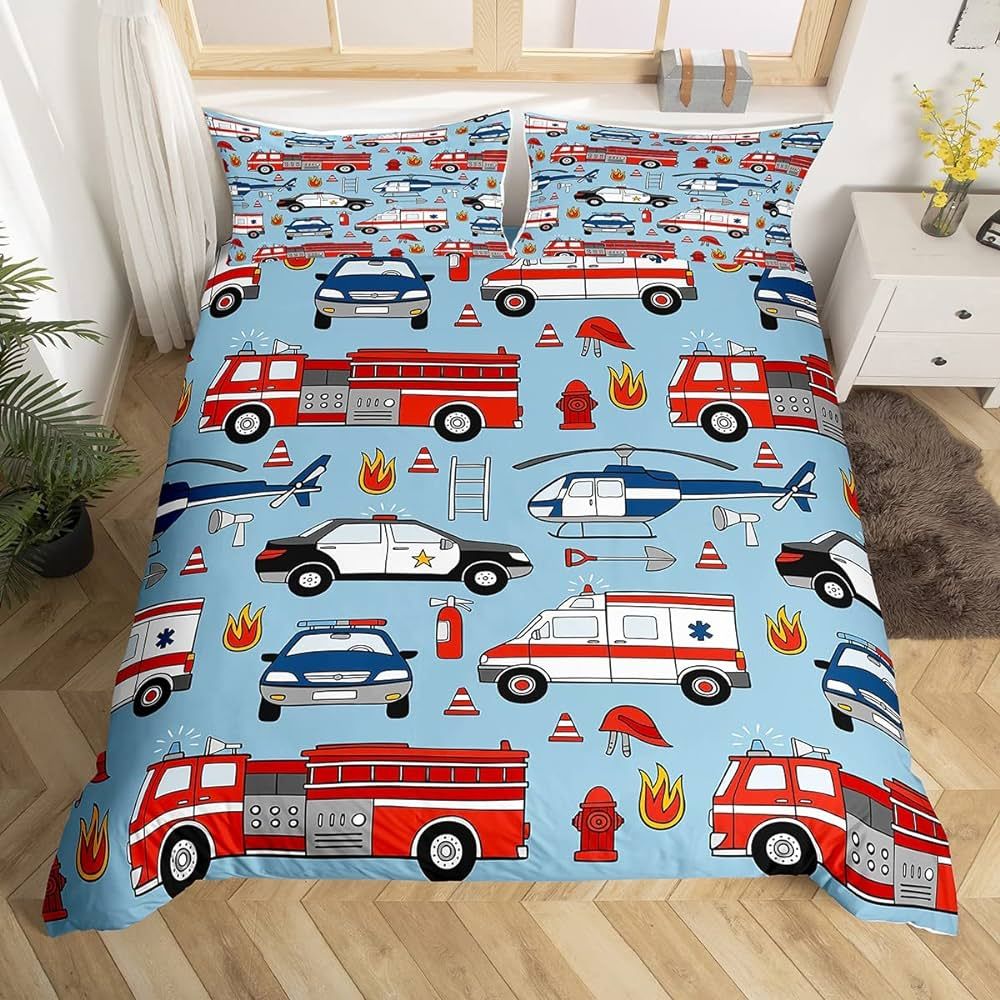 Feelyou Cartoon Police Car Bedding Set Red Fire Truck Duvet Cover for Kids Boys Toddler Fire Exti... | Amazon (US)