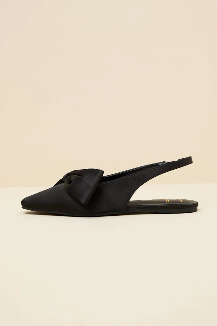 Kyleigh Black Satin Bow Slingback Flats | Lulus