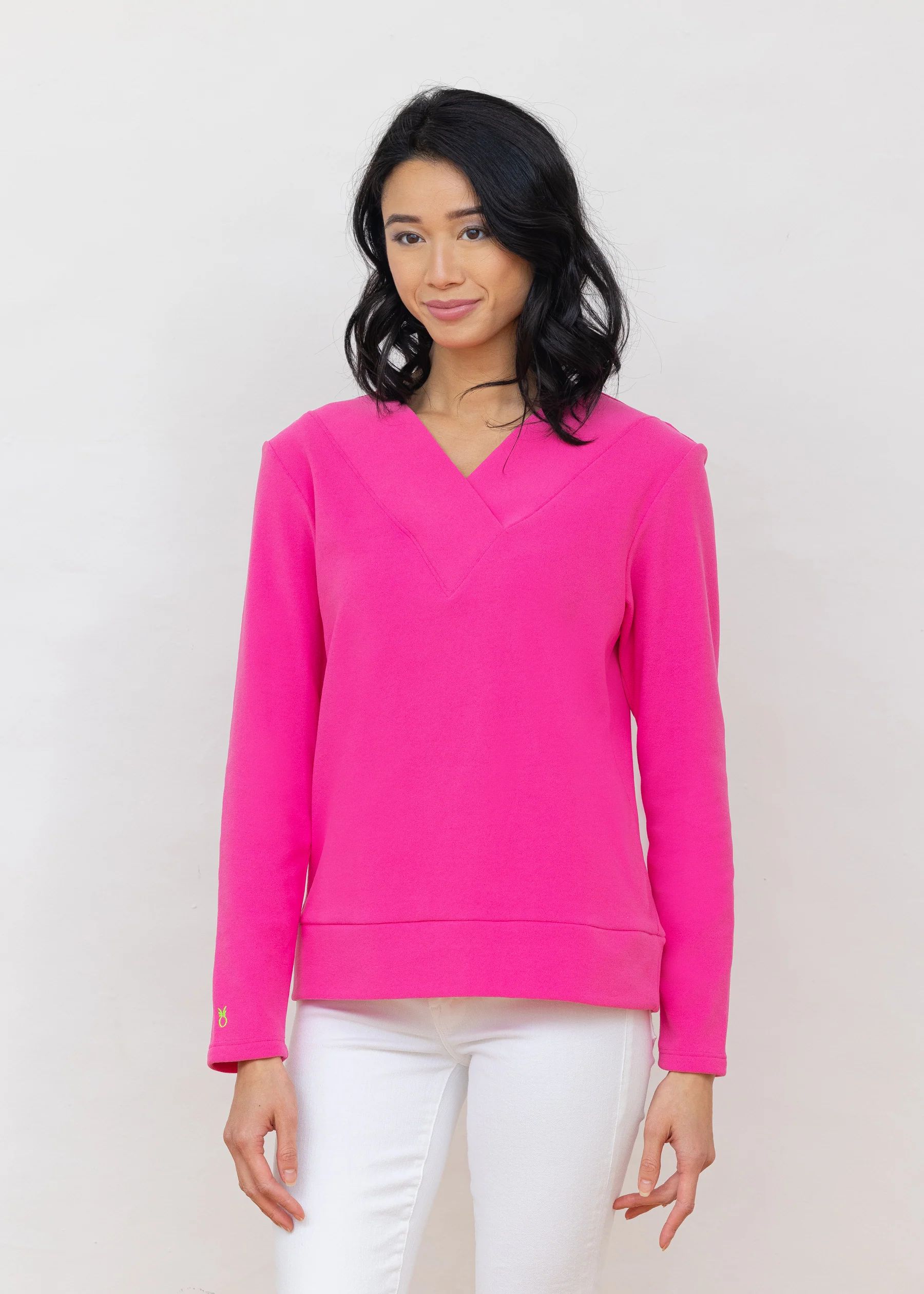 Valley V-Neck in Terry Fleece (Bubble Gum Pink) | Dudley Stephens