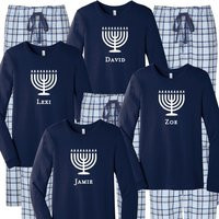 Hanukkah Pajamas, Menorah Personalized Family Pjs, Festival Of Lights 2023 Matching Sleepwear Navy Blue Plaid Loungewear | Etsy (US)