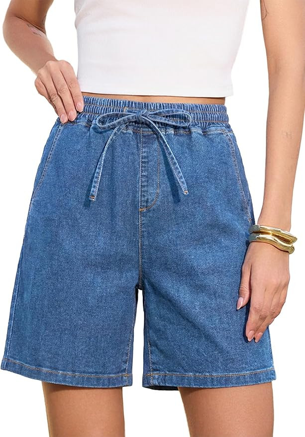 SIDEFEEL Womens Jean Shorts High Waisted Stretchy Summer Drawstring Elastic Waist Baggy Denim Sho... | Amazon (US)