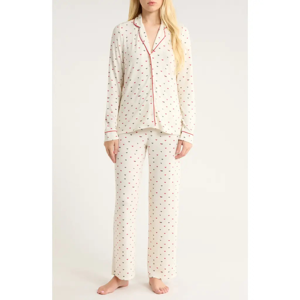 Nordstrom Brushed Hacci Pajamas in Ivory- Green Micro Hearts at Nordstrom Rack, Size Large | Nordstrom Rack