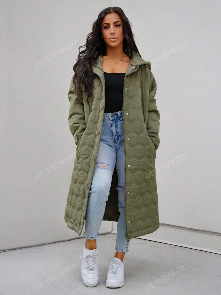 SAYEHFBABY Casual Fashionable Argyle Pattern Hooded Women Long Padded Padded Coat, Winter Clothes... | SHEIN