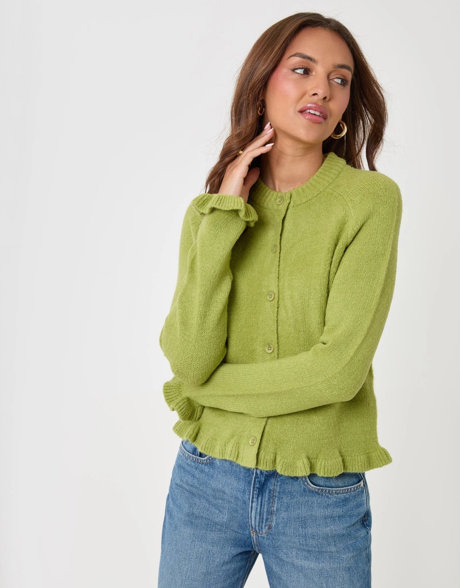 Crew Neck Ruffle Cardigan in Green | Threadbare UK