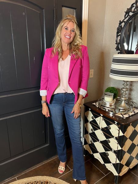 Pre-Fall look 
Great Teacher look as well🌸🍂

Mixing shades of pink with Gibsonlook blazer and pink top!

Gibsonlook- Use Code DARCY10 for 10% off

Great pieces that fit true to size! 
You’ll wear now and later into Fall🌸🍂 I am in a med on both.

Love these wit and wisdom itty bitty boot jeans. A great fit that has hold you in technology 🌸 fits true to size I am in a size 6  a great jean if you want to try a flare but don’t want too much of a flare!
So very slimming! 
On sale Nordstrom $69

Cecelia New York Shoes  a comfortable ankle strap studded sandal that look great with jeans or dresses.

Julie vis jewelry #LTKxNSale

#LTKstyletip #LTKunder100