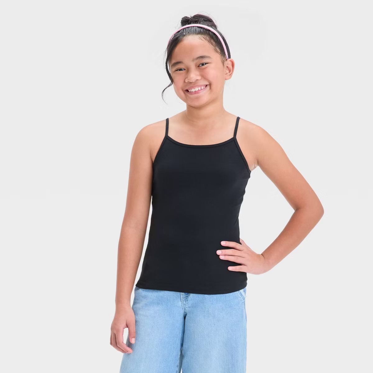 Girls' Cami Top - Cat & Jack™ Black S: Adjustable Strap, Squareneck, Midweight Jersey | Target