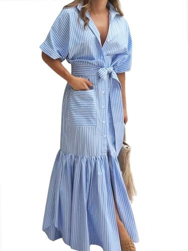 utcoco Women's 2025 Summer Casual Striped Button Down Maxi Dress Tie Waist Short Sleeve Shirt Dre... | Amazon (US)