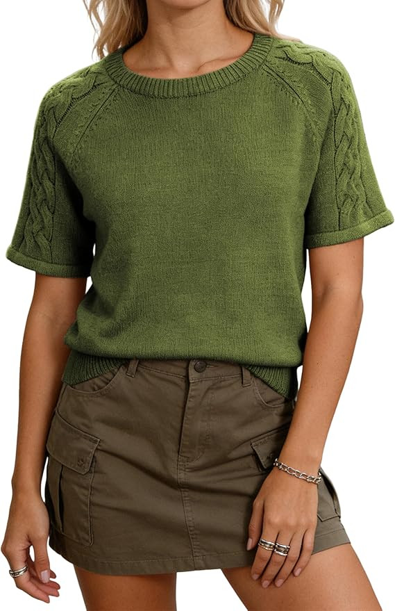 Yeokou Womens Short Sleeve Sweater Shirt Loose Fit Crew Neck Cable Knit Pullover Casual Spring Su... | Amazon (US)