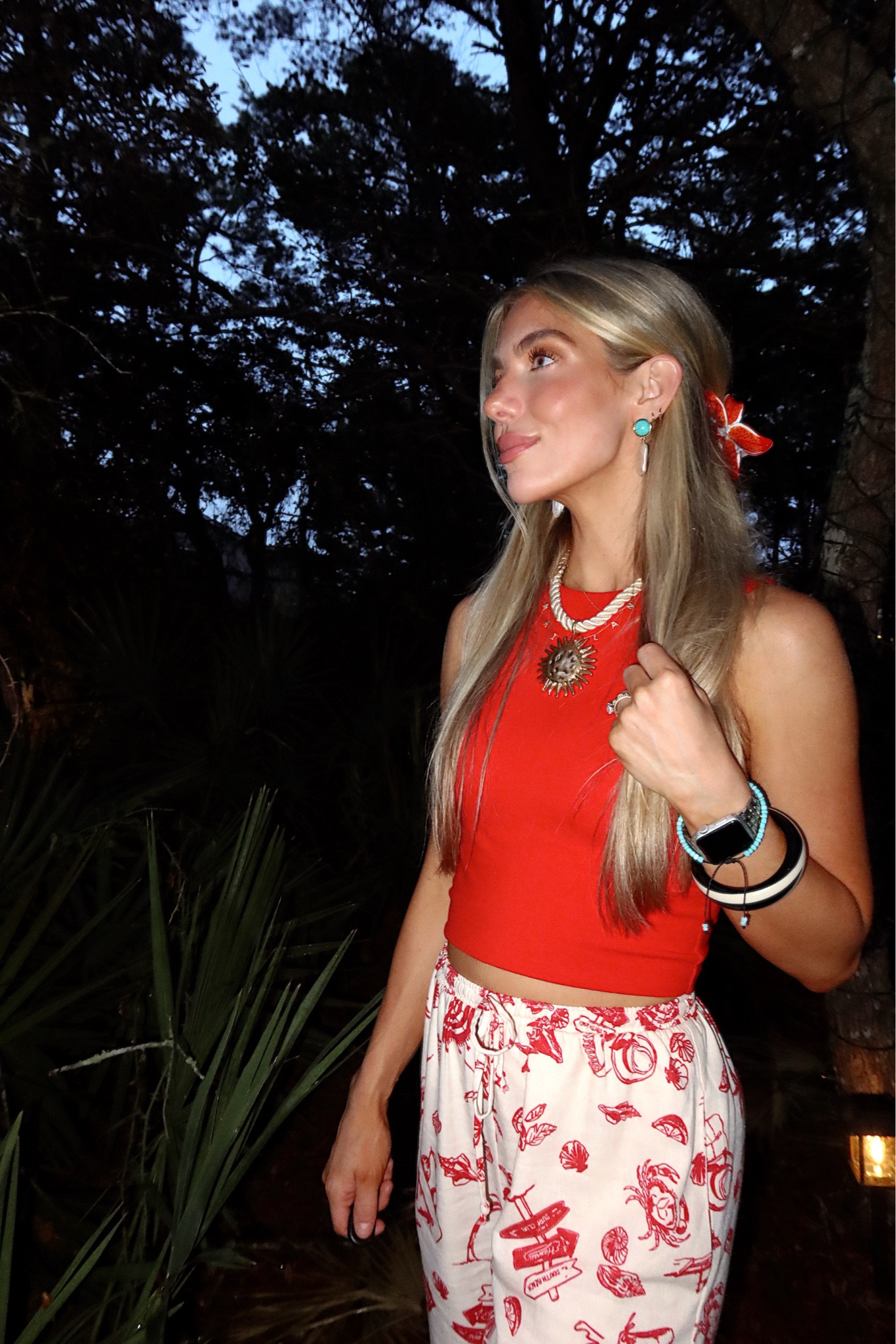 Bright red simple casual comfy beachy summer outfit linen patterned pants and accessories! Size XXS in pants they run big!! Pearl and turquoise earrings and floral flower hair clip

#LTKSeasonal #LTKTravel #LTKFindsUnder50