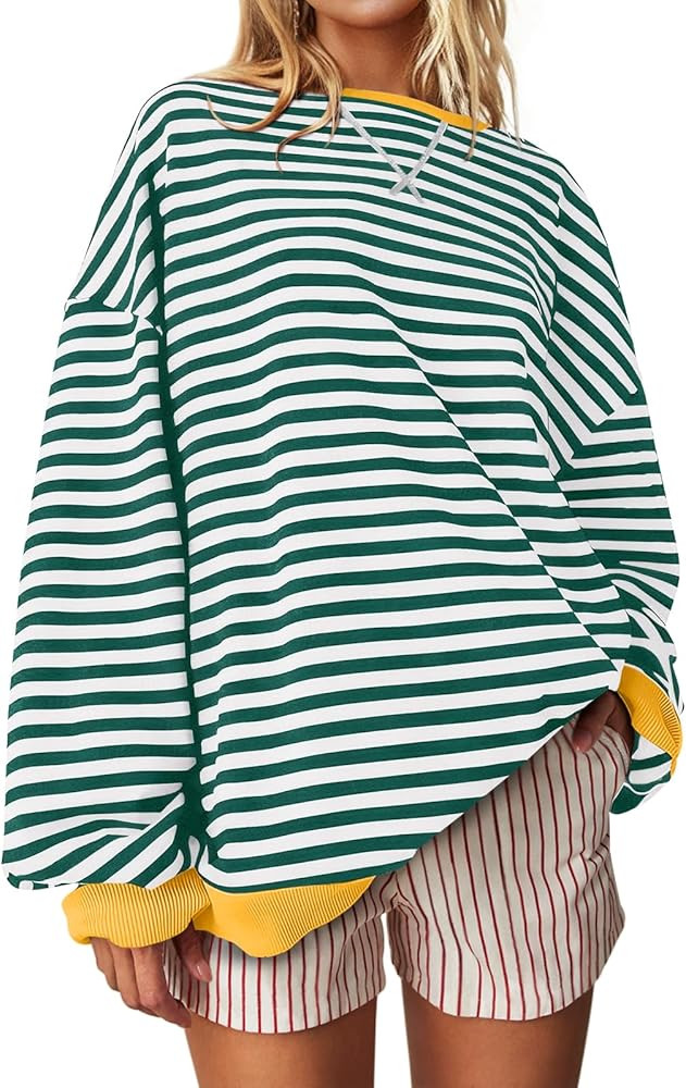 UEU Women Oversized Striped Crewneck Sweatshirt Long Sleeve Color Block Pullover Tops Casual Loos... | Amazon (US)